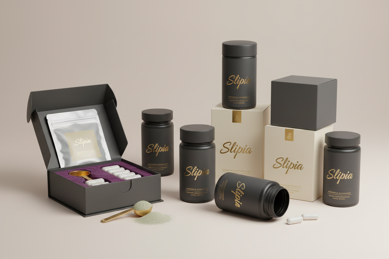   الاسم بالللون الذهبي slipia وعلبة مفتحوم  وكل علبة مكتوب عليها اسمsمنتجات  فيتامينات ومكميلات عذائية 